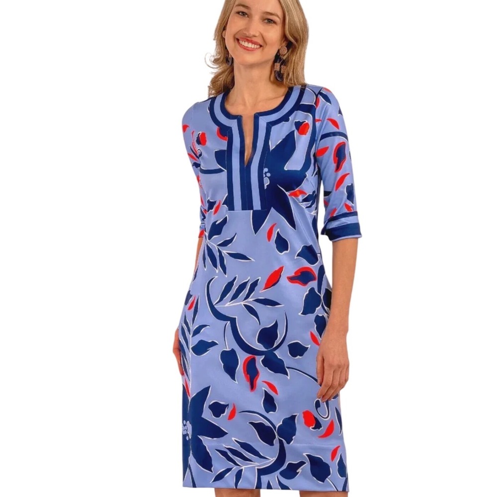 Gretchen‎ Scott Tunic Dress Women XL Blue Floral 3/4 Sleeve Preppy Shift